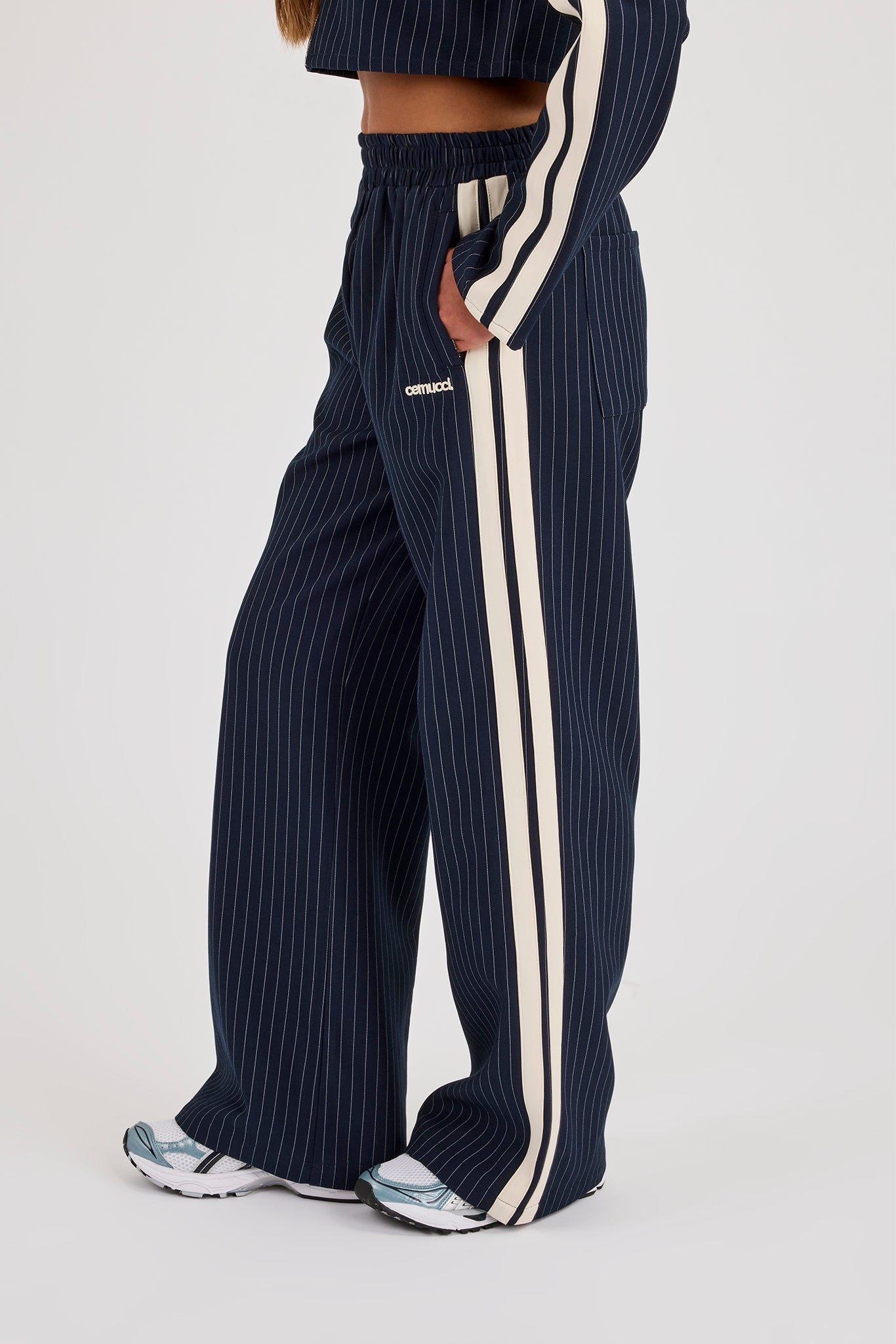Pinstripe Taping Wide Leg Track Pant - Navy Blue